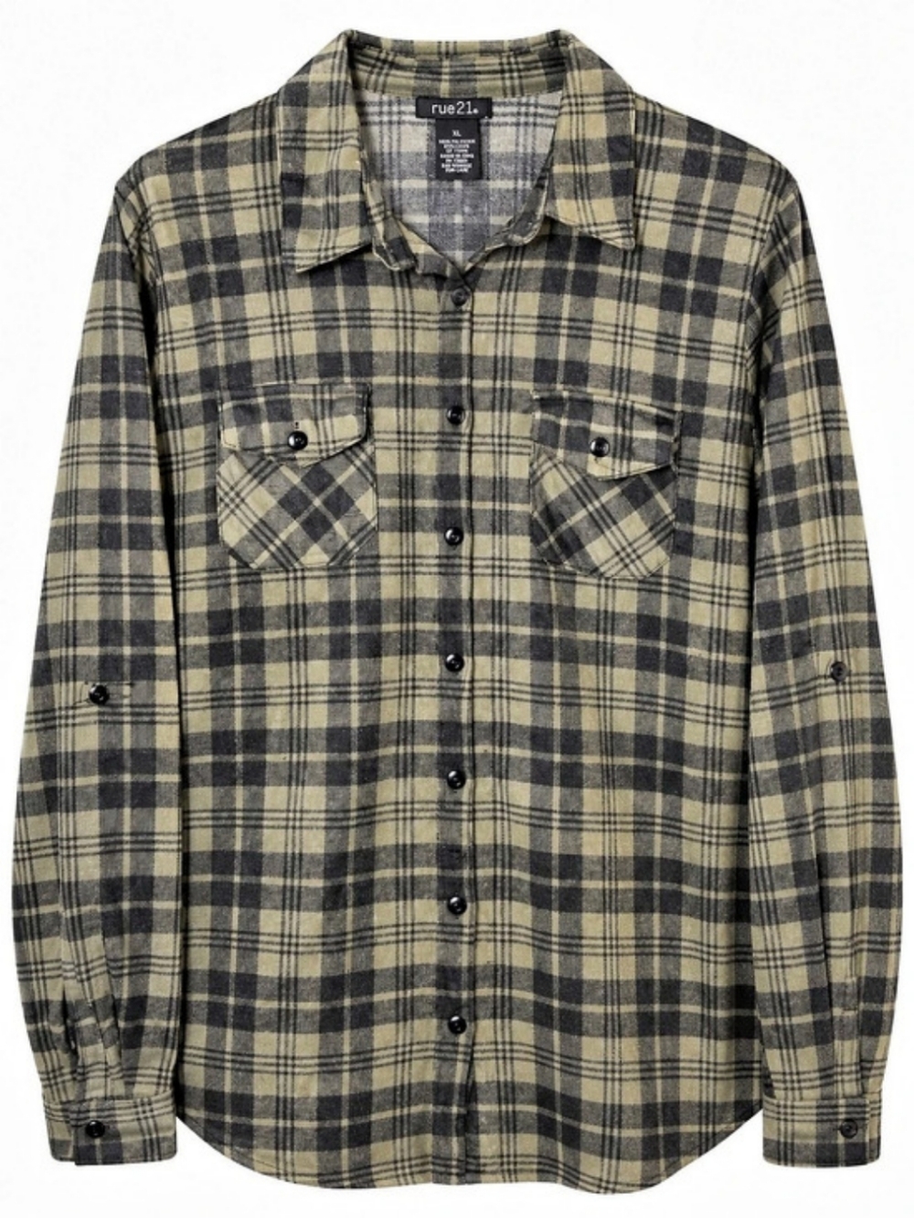 rue21 Women's Black & Green Plaid Flannel Button Up Shirt Size XL